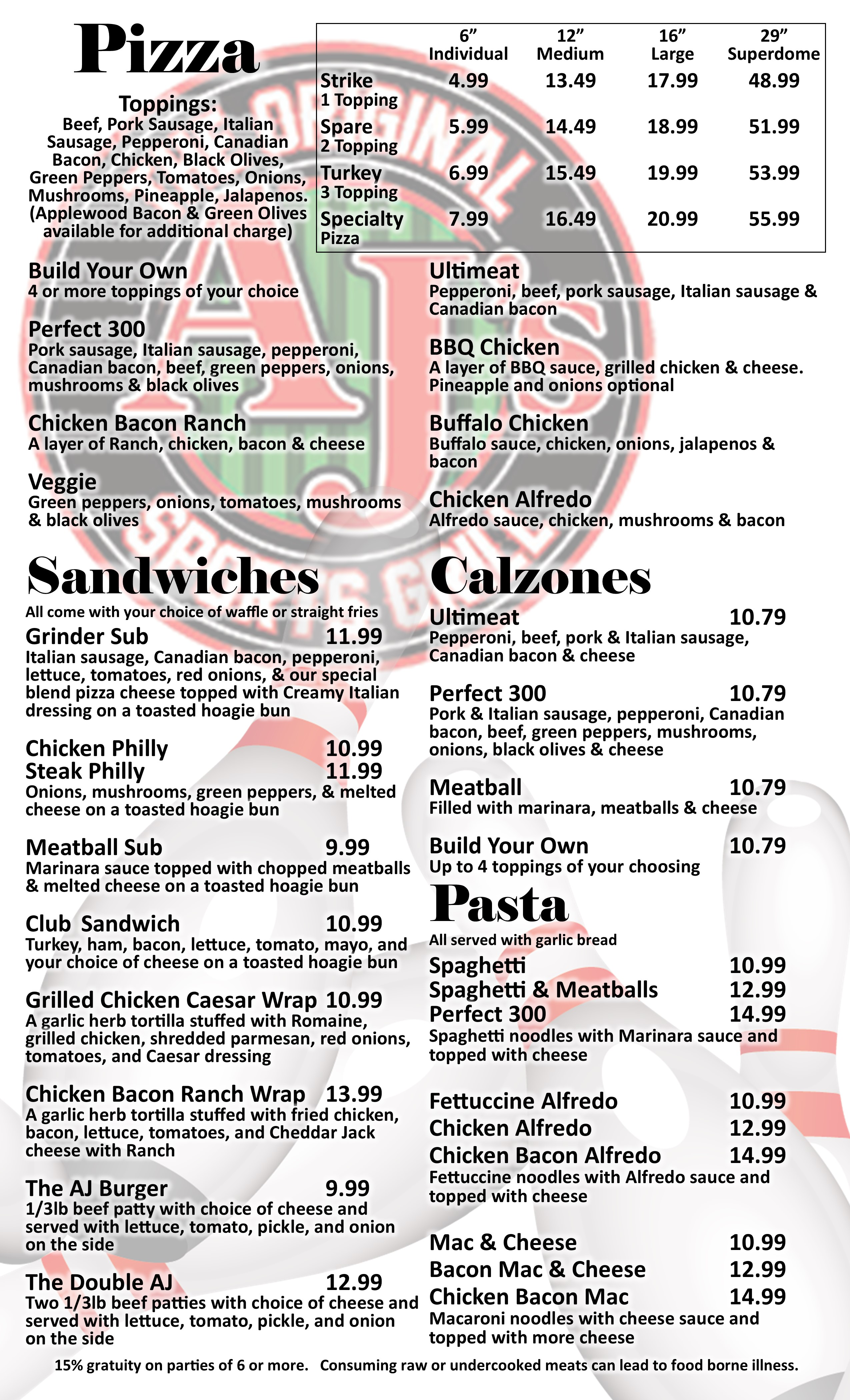 Aj's shop pizza menu